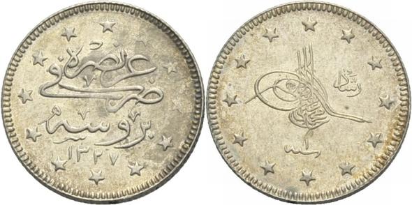 MAHMUD V, 1327-1336 H./1909-1918 A.D. 2 Piaster Jahr 1 (AD 1909) auf den Besuch  - (Bedeutung, Zeichen, Münzen)