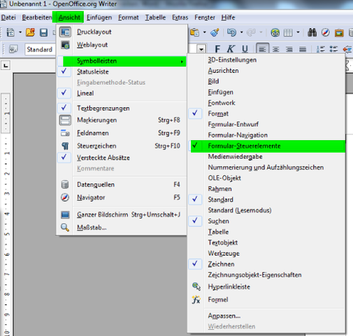 Symbolleiste Formular-Steuerelemente anschalten (Writer) - (Schreiben, Microsoft Word, OpenOffice)