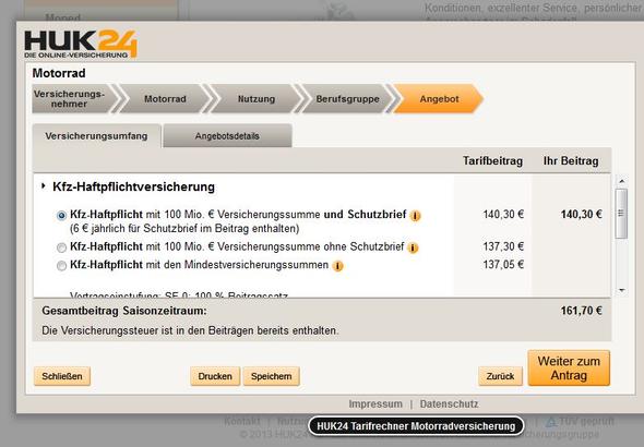Saisonbeitrag - (Versicherung, 125ccm, Leichtkraftrad)
