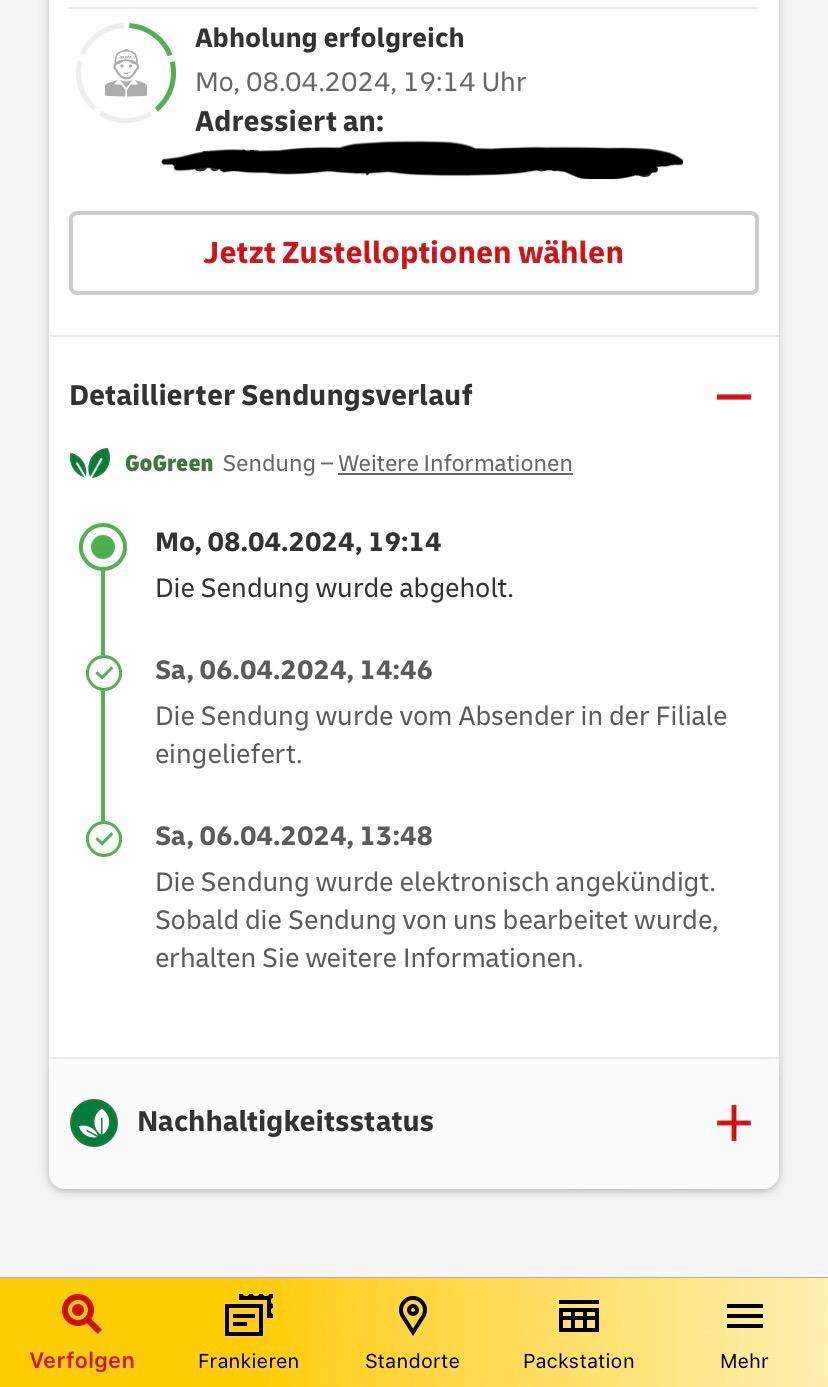 ,, die Sendung wurde abgeholt‘‘? Wann kommt es voraussichtlich an