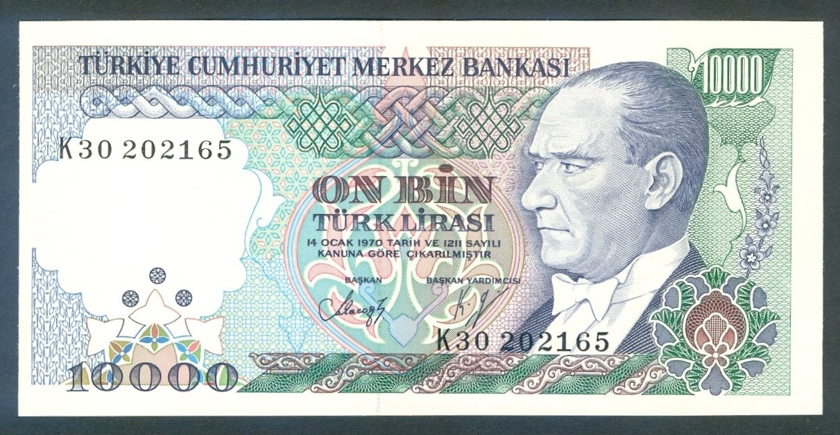 10.000 Lira Banknote der Türkei ohne Wasserzeichen P-200 ...