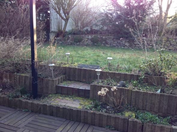 Terrasse mit Betonpflanzkübeln als Abgrenzung zur höher gelegenen Radenfläche - (Garten, Mauer, Terrasse)
