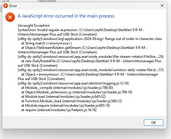 A JavaScript error occurred in the main process? (Regulärer Ausdruck)