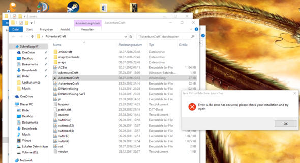 AdventureCraft. java virtual machine launcher error a jni