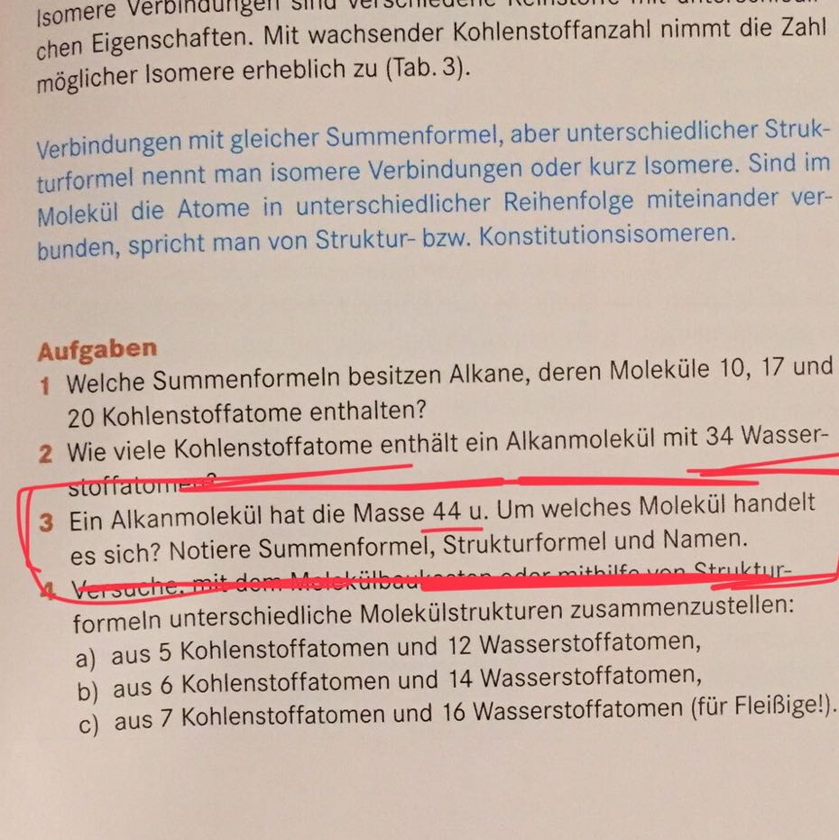 Alkanmolekül mit Masse 44 u, was ist die masse? (Chemie, Maße)