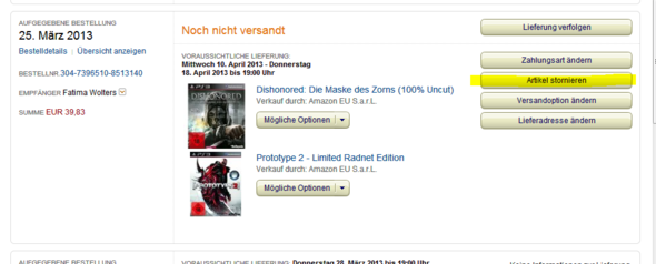Amazon Artikel Lasst Sich Nicht Stornieren Dishonored Prototype 2