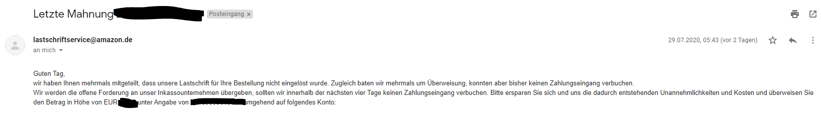 Amazon Auf Rechnung Letzte Mahnung Geld Inkasso Gebuhren