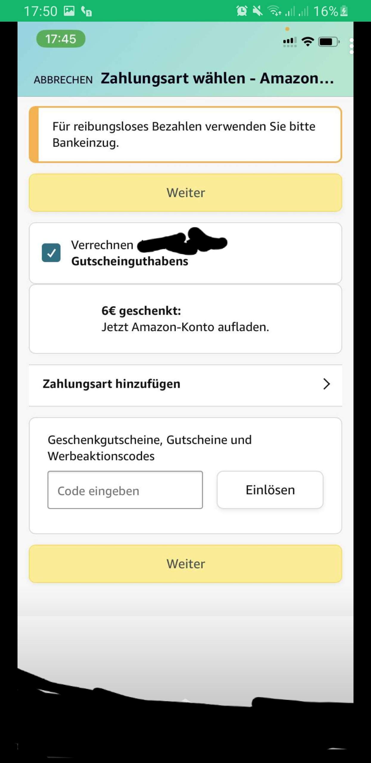Amazon-Gutscheinguthaben verwenden, aber Taste für Weiter funktioniert