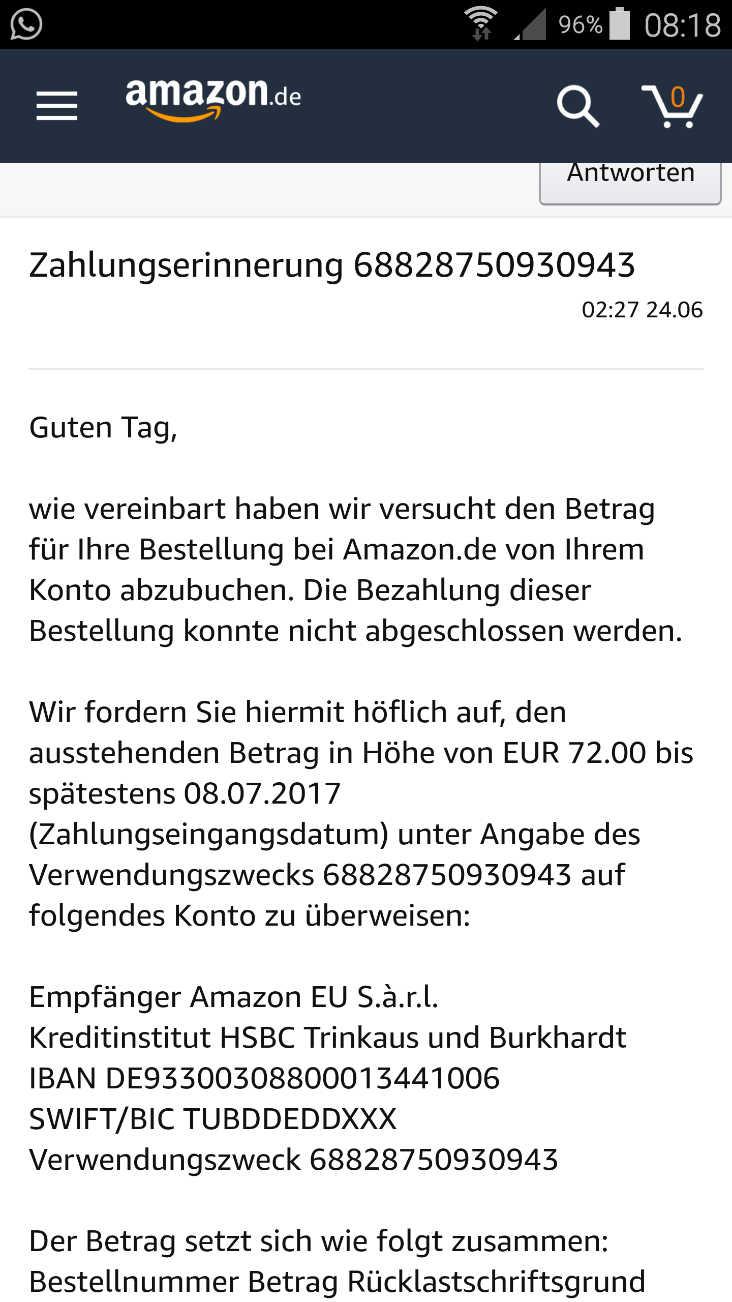Amazon Rechnungsfehler Geld Bank Konto