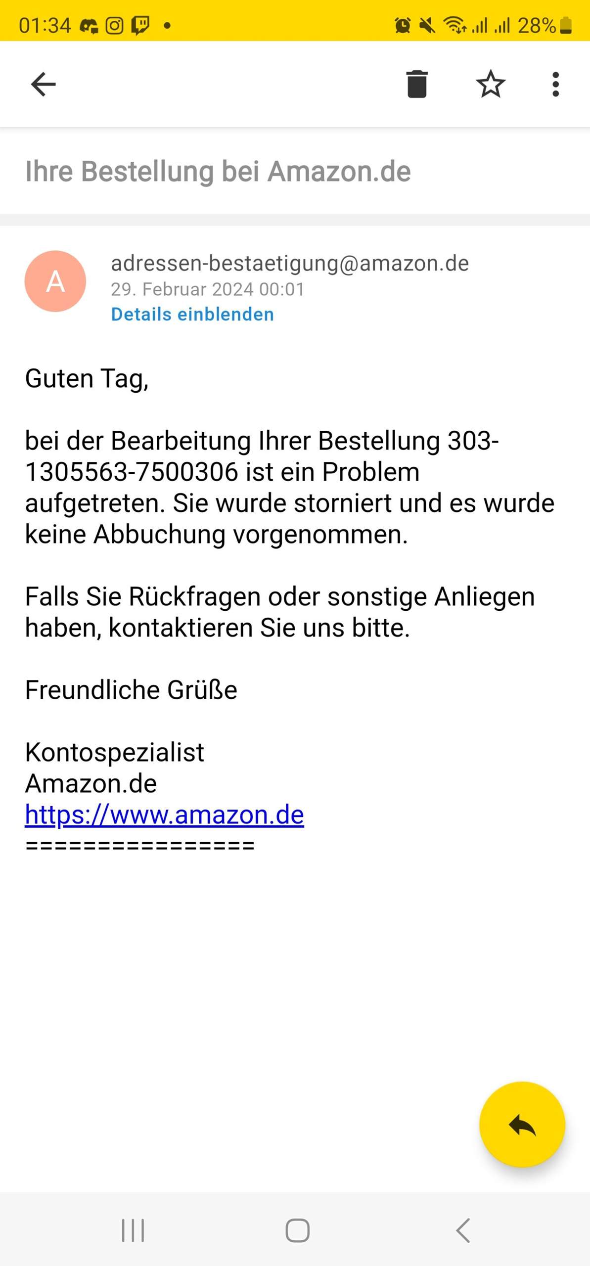 Amazon storniert alleine? (Bestellung, Rechnung)