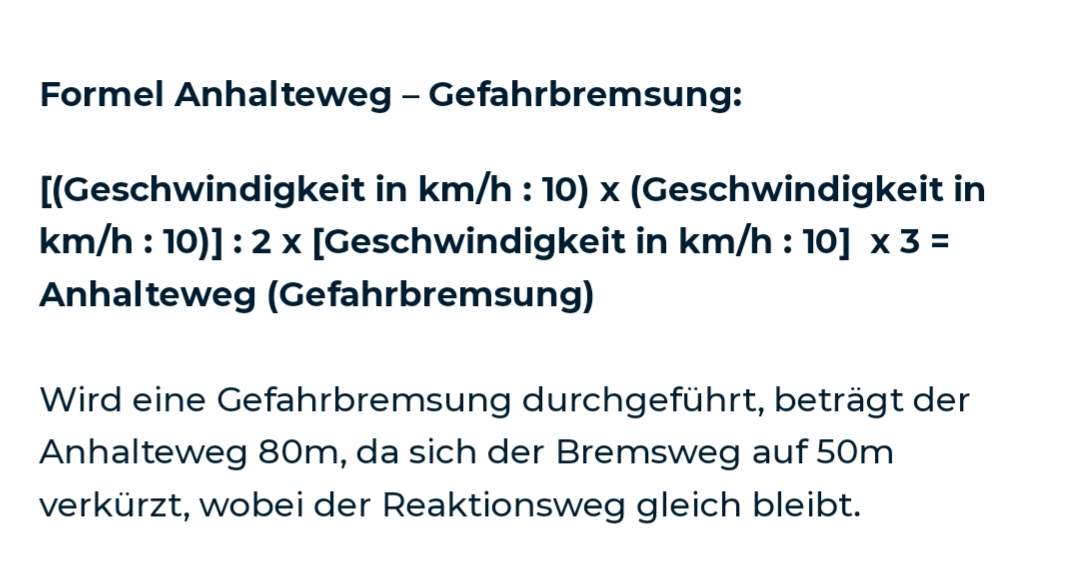 Anhalteweg Gefahrenbremsung Formel? (Computer, Fahrschule, Theorie)