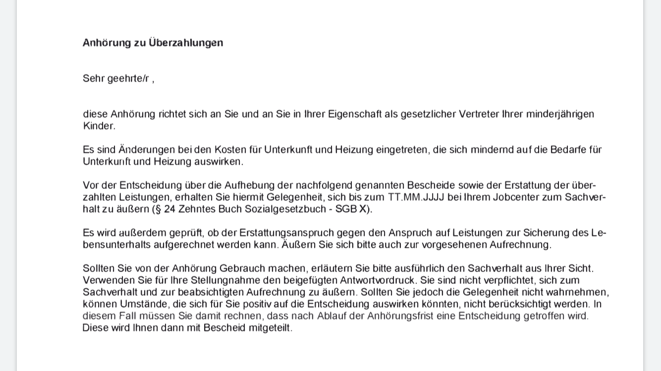 Anhörung zu Überzahlungen? Bitte um eine Erklärung schreiben? (Deutsch ...