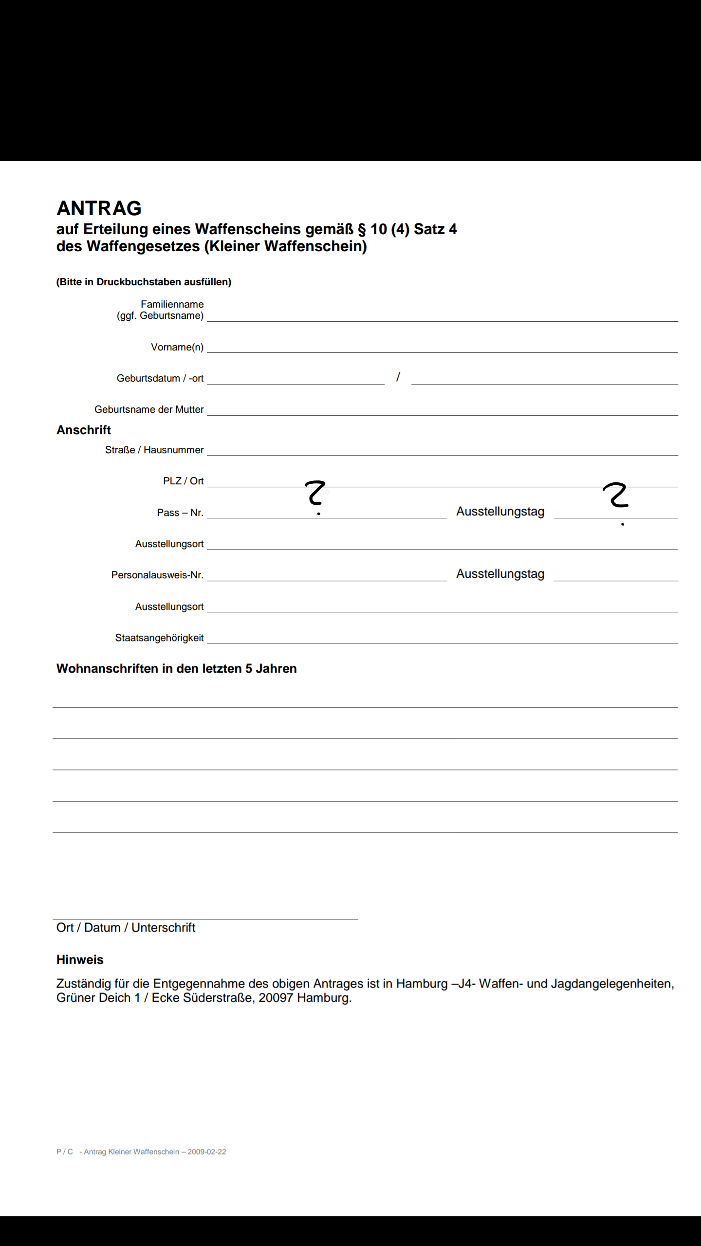 Antragstellung kleiner Waffenschein Hamburg? (Polizei, Personalausweis ...