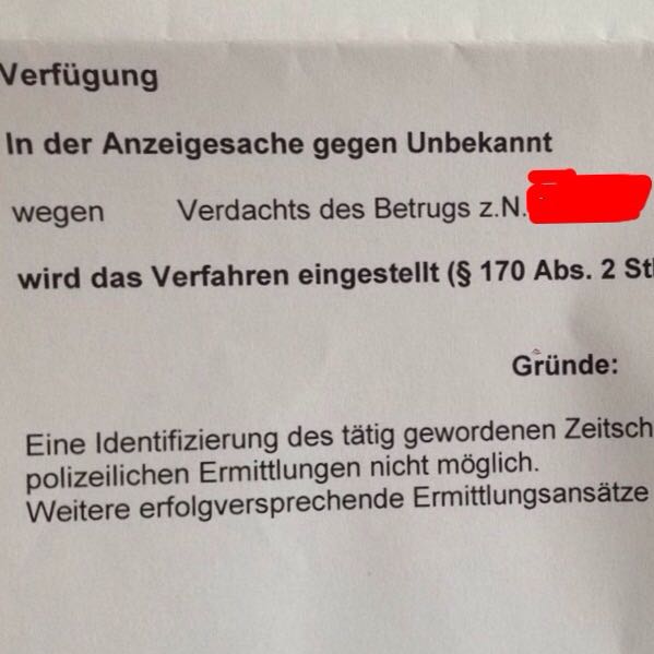 Anzeige wurde eingestellt! Was heißt das? (Betrug, unbekannt)