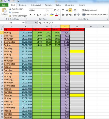 Tabelle - (Microsoft Excel, Arbeitszeit, Nachtschicht)
