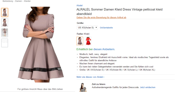 Hier das Kleid und ein Beispiel der Größen ausgewählt - (Kleidung, Amazon, Kleid)