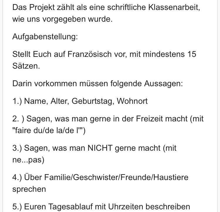 Auf Französisch sich Vorstellen (15 Sätze)? (Schule, Sprache, Lernen)