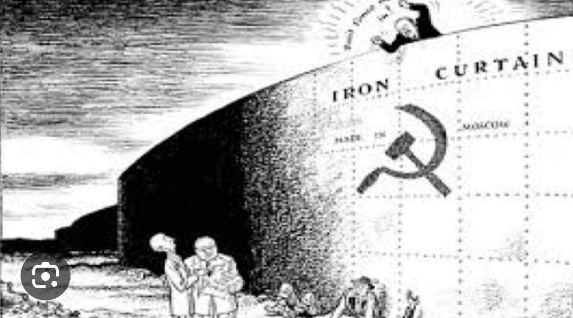 Aussage der Karikatur eiserner Vorhang? (Krieg, Kalter Krieg)