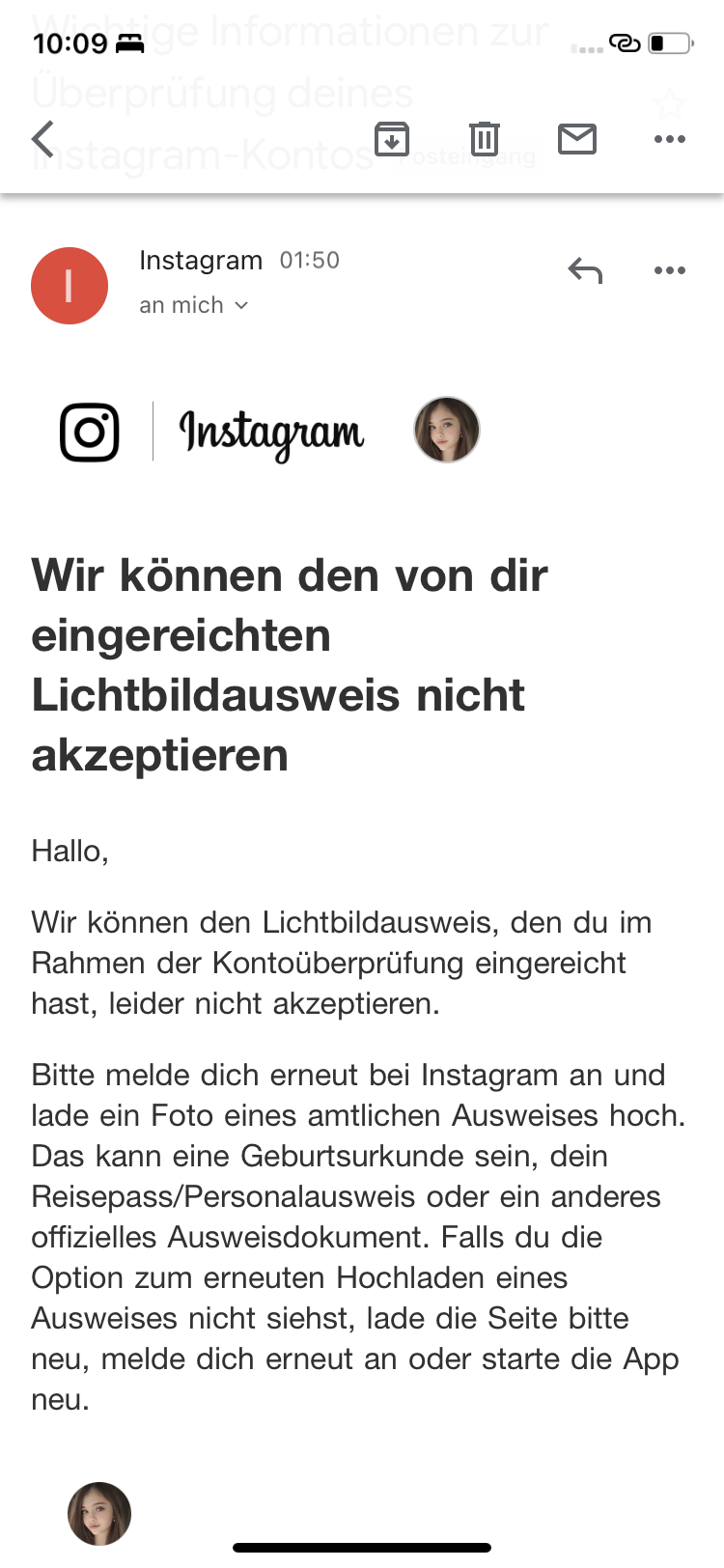 Ausweis wurde bei instagram nicht akzeptiert? (Facebook, Account)