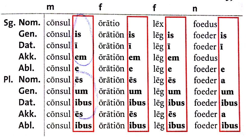 Bedingungen speziell für die konsonantische Deklination (Grammatik, Latein)