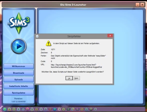 Fehlermeldung Skriptfehler; erscheint beim Öffnen des Launchers - (Sims 3, Fehlermeldung, late night)