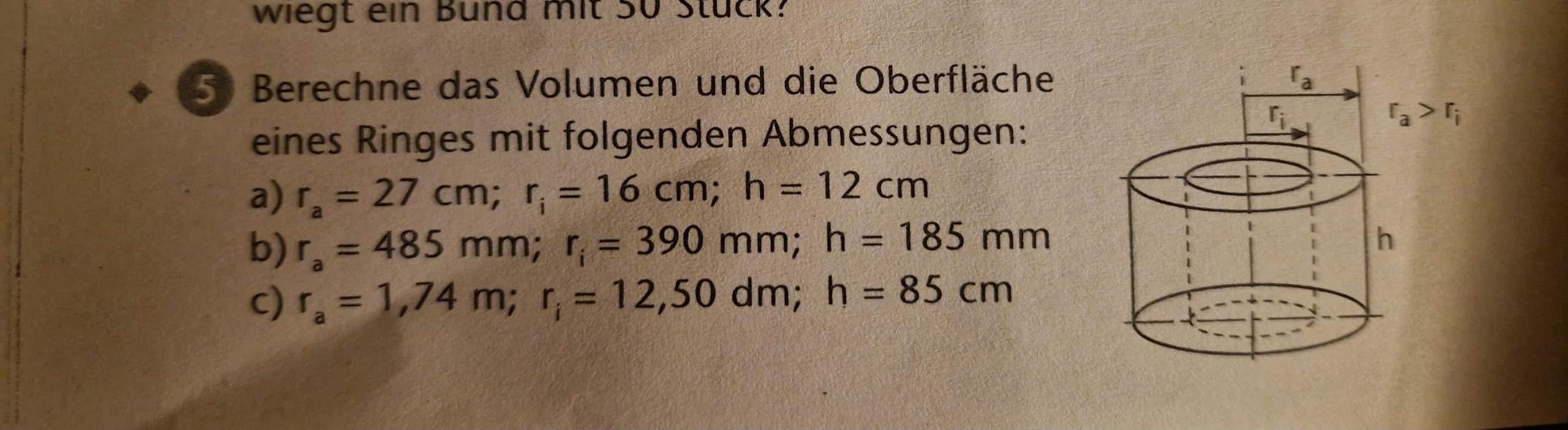 Berechne das Volumen und die Oberfläche eines Ringes mit