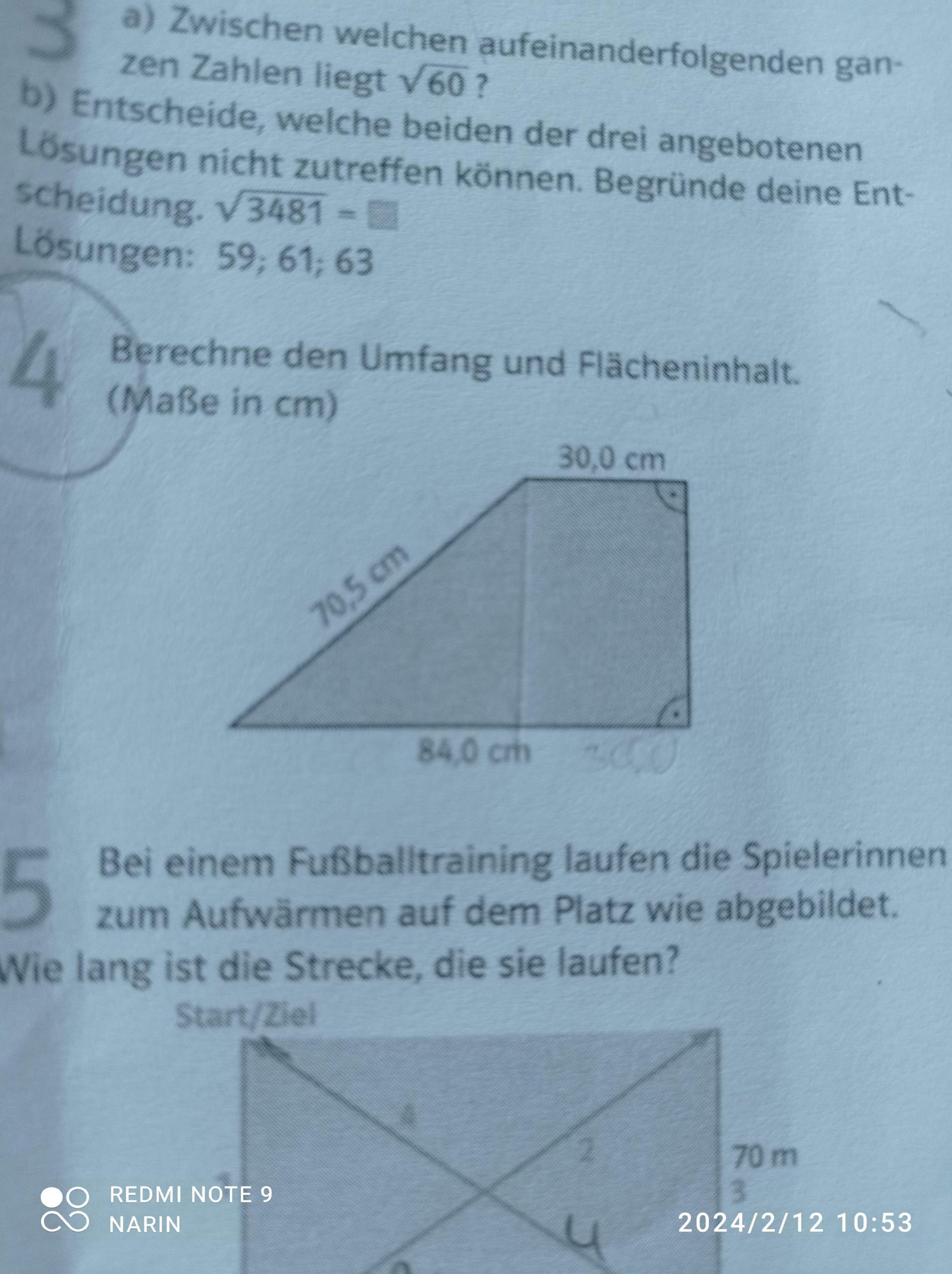 Berechne den Umfang und Flächeninhalt? (Satz des Pythagoras)