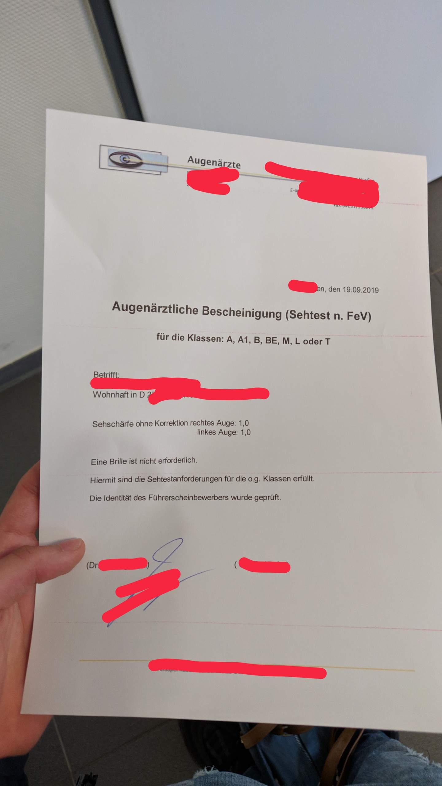 Bescheinigung für Führerschein gültig? (Sehtest)