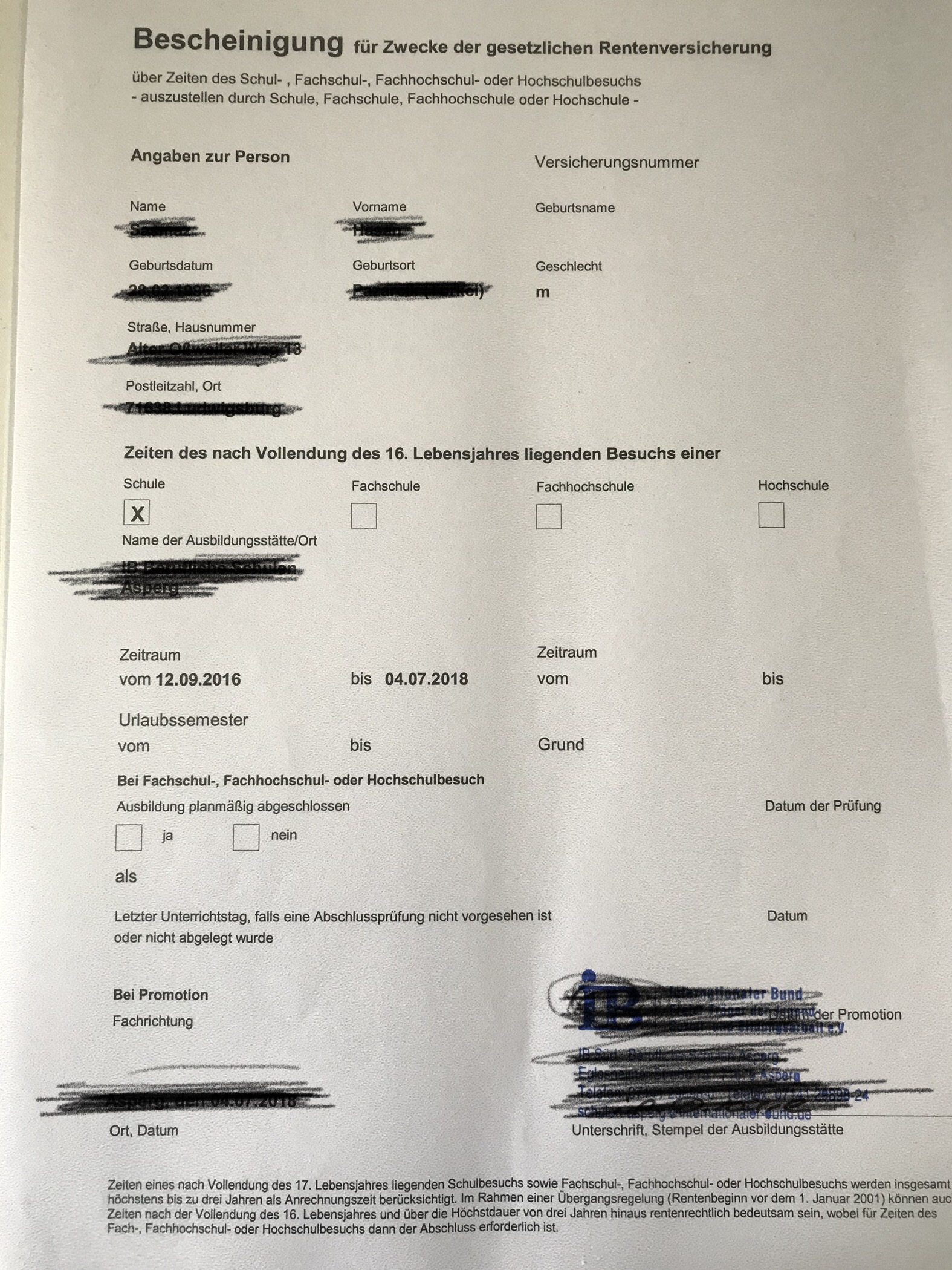 Bescheiningung Rentenversicherung Schule