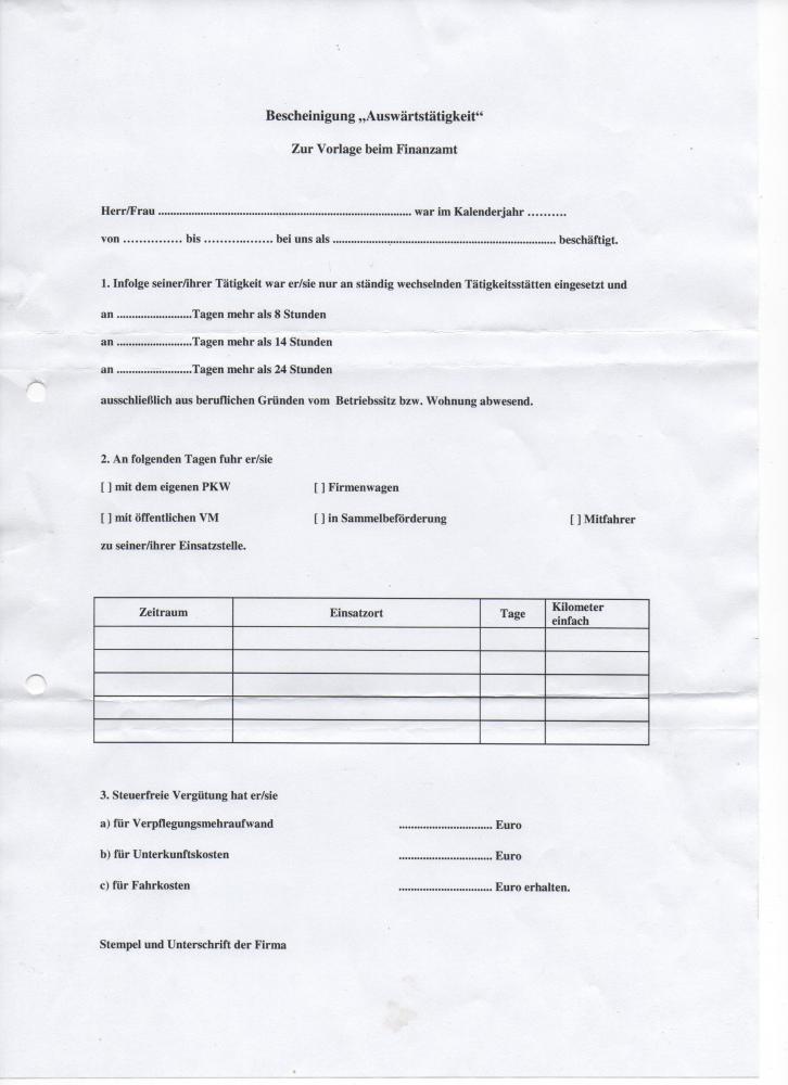 Bestätigung oder Bescheinigung fürs Finanzamt über Fahrtätigkeit oder Auswärtstätigkeit ...