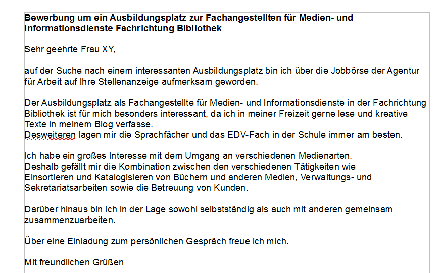 Bewerbung Als Fachangestellte Fur Medien Und Informationsdienste Bibliothek Anschreiben