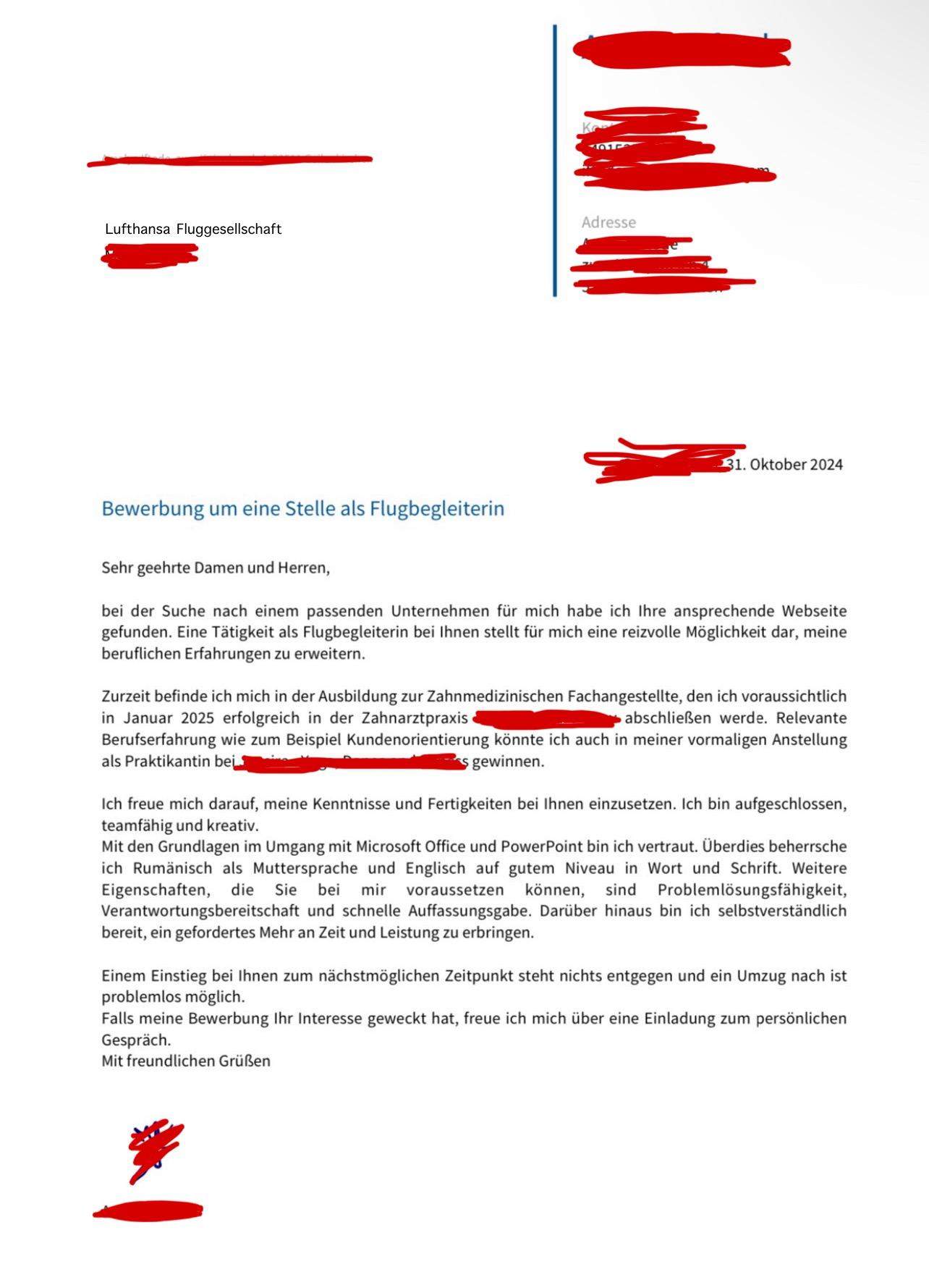 Bewerbung als Flugbegleiterin (CV)