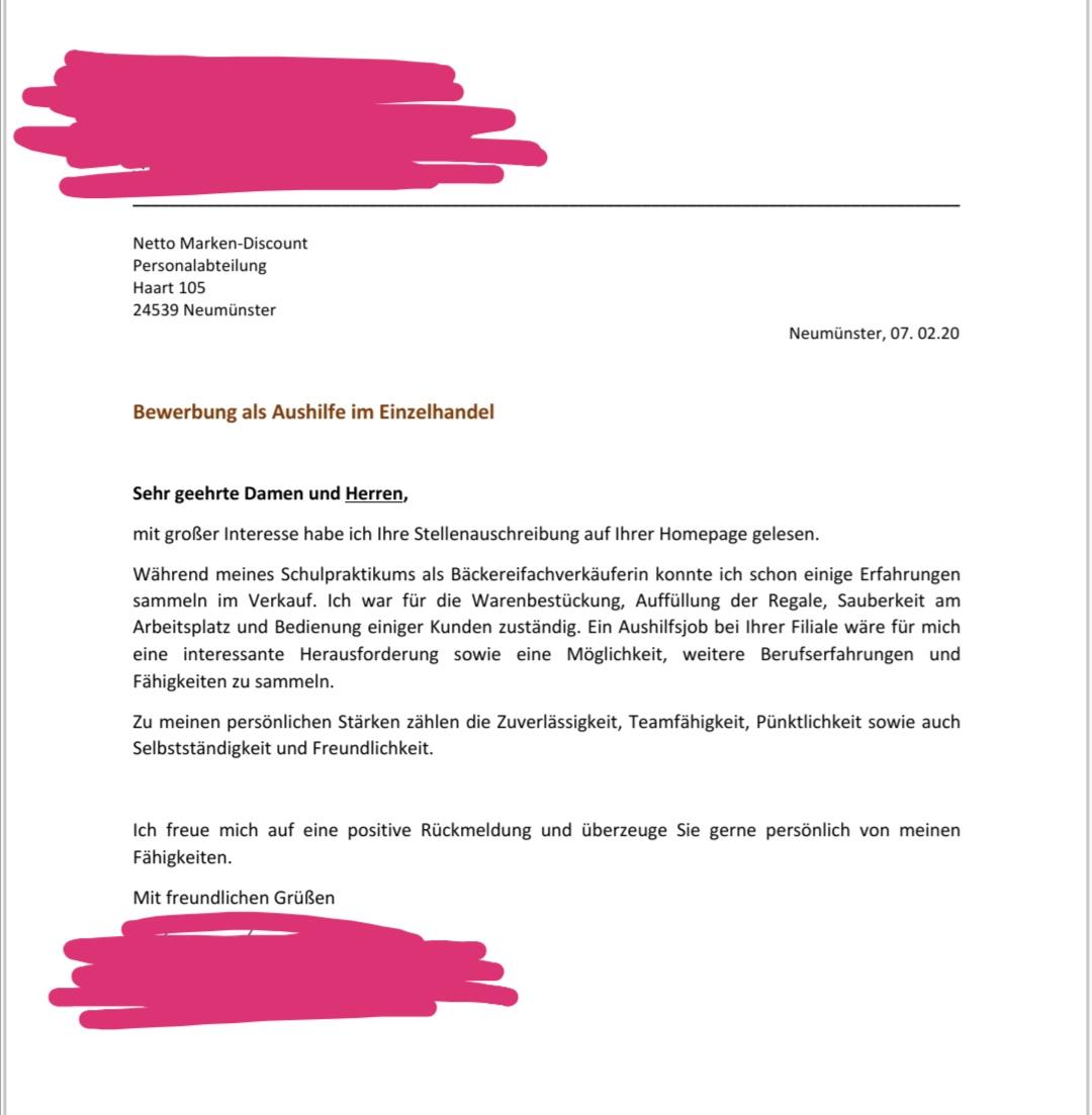 Bewerbung Als Schuleraushilfe Aushilfe Schulerin Anschreiben Netto Aushilfe