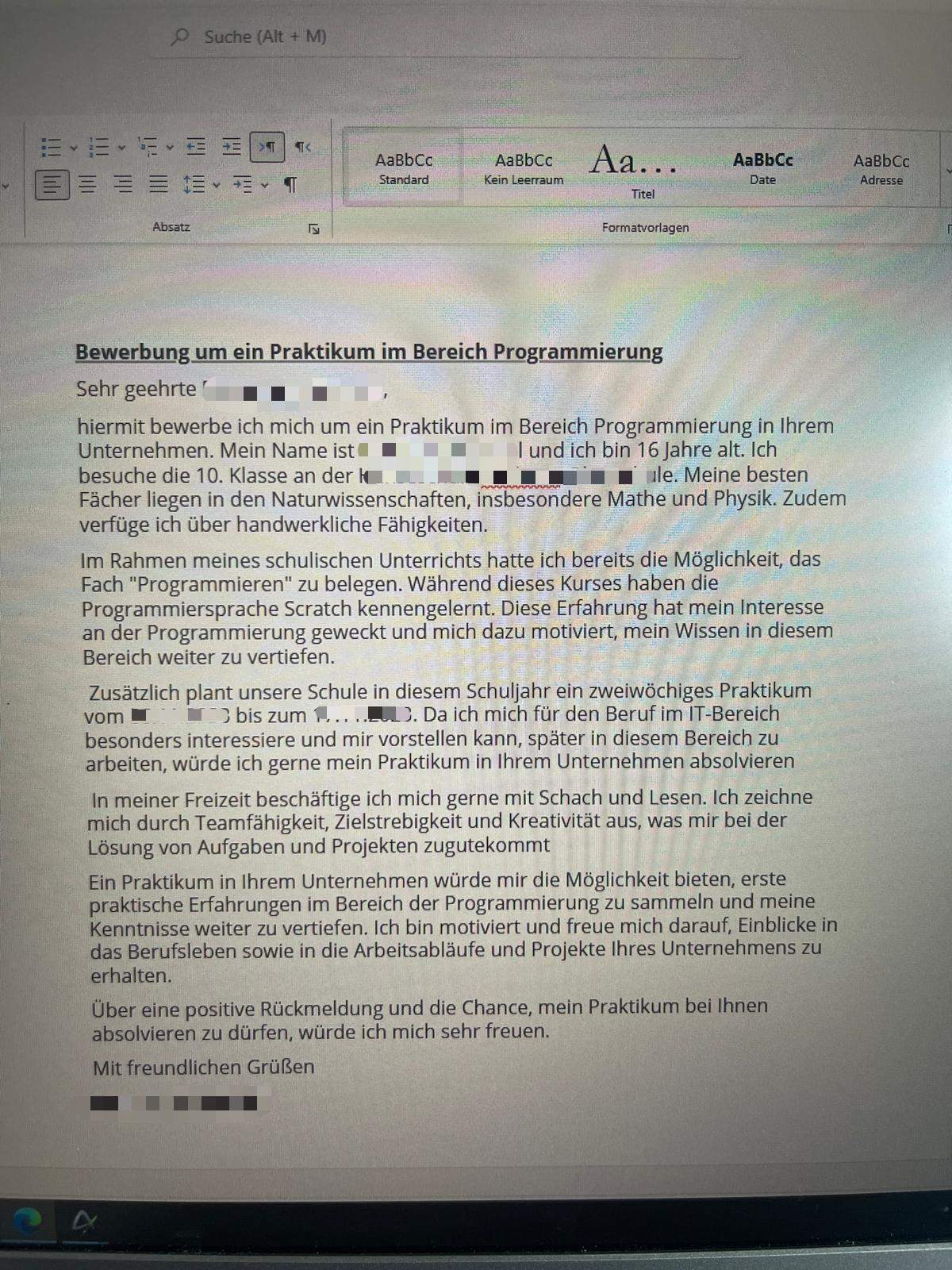 Bewerbung für ein Praktikum? (Job, Schüler, Schülerpraktikum)