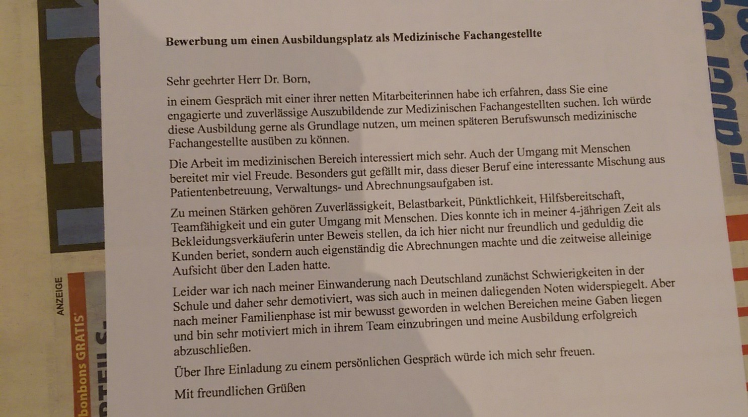 Bewerbung Um Einen Ausbildungsplatz Als Medizinische Ffachangestellte
