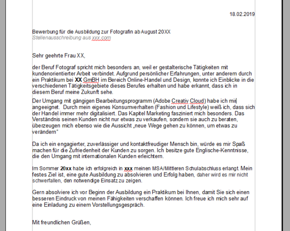 Bewerbungsanschreiben Fur Eine Foto Ausbildung Schule Ausbildung Und Studium Bewerbung Bewerbung Als Fotografin