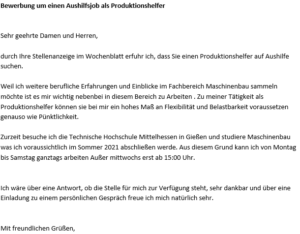 Bewerbungsschreiben Als Aushilfe Produktionshelfer Deutsch Arbeit Beruf Hunkemöller Bewerbung