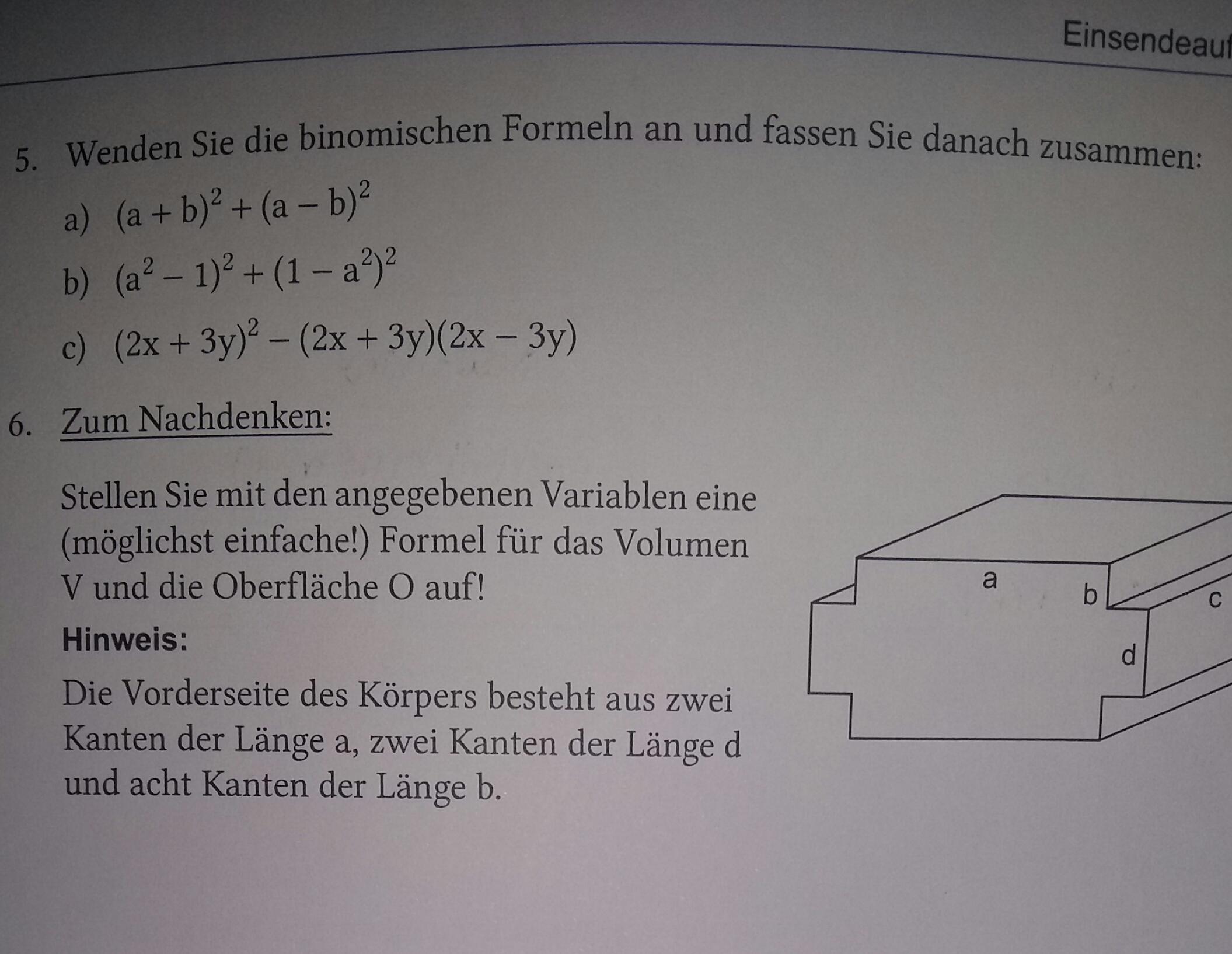 Binomische Formeln und Formel für ein Volumen berechnen ...