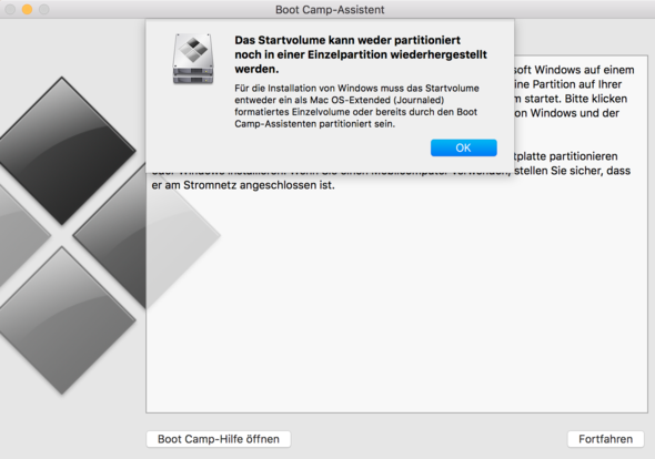 Fehlermeldung - (Mac OS X, Partition, Bootcamp)