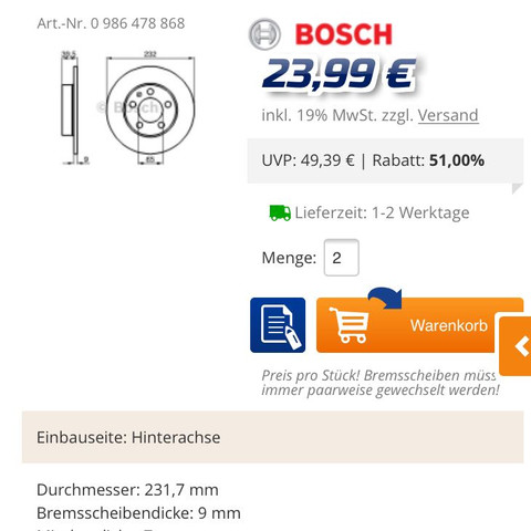 Bosch 23,99€ - (bremsen, Skoda, scheiben)