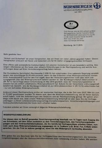 Brief Von Der Nurnberger Versicherung Wg Rechtsanderung Widerruf Einer Risikolebensversicherung Sinnvoll Finanzen Rechtsanwalt Vertragsrecht