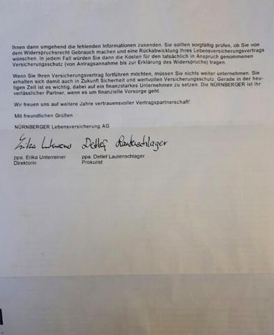 Brief Von Der Nurnberger Versicherung Wg Rechtsanderung Widerruf Einer Risikolebensversicherung Sinnvoll Finanzen Rechtsanwalt Vertragsrecht
