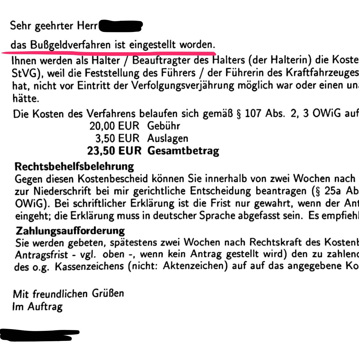 Bußgeld eingestellt? (einstellen, Verfahren)