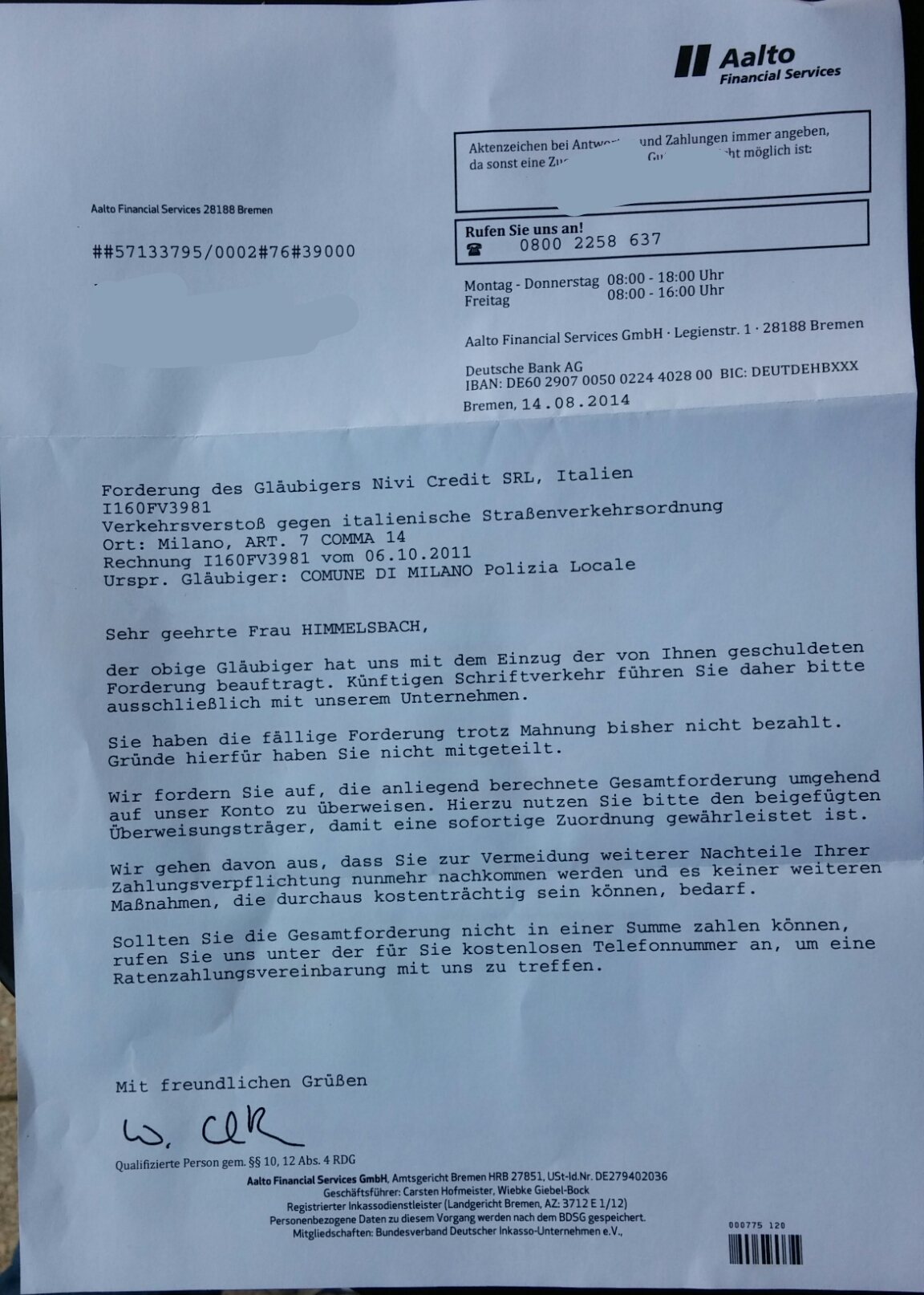 Bußgeldbescheid / Strafzettel aus Italien von 2011 jetzt über deutsches