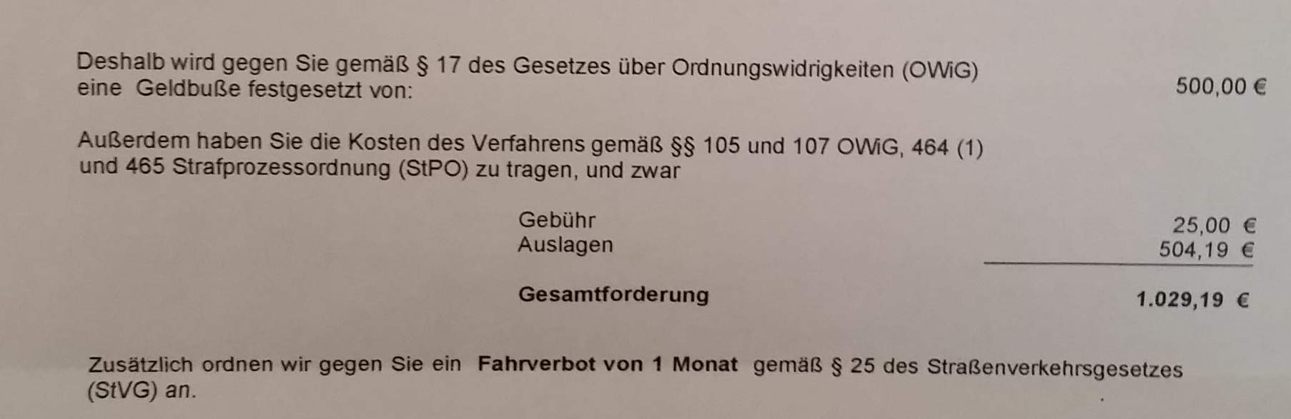 Bußgeldbescheid mit Fahrverbot, Auslagen genausoviel wie Bußgeld kann ...