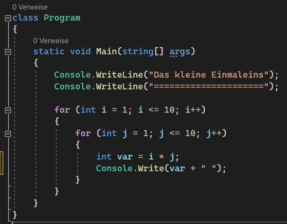 C# For-Schleife nächste Zeile? (Code, C Sharp, Visual Studio)