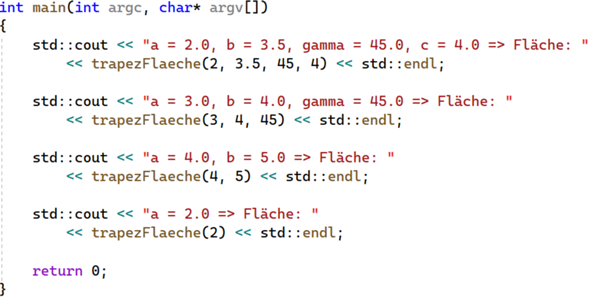 C++-Konsolenprogramm mit der Formel 1/2 * (a + c) * b * sin(gamma ...