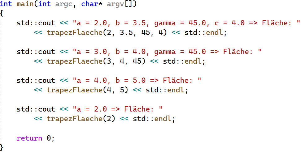 C++-Konsolenprogramm mit der Formel 1/2 * (a + c) * b * sin(gamma ...