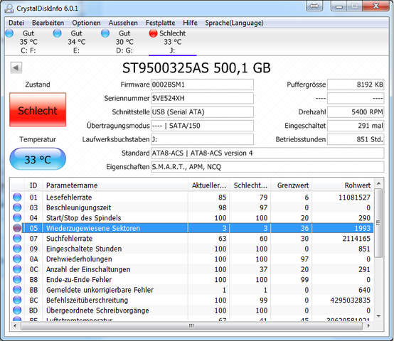 Crystaldiskinfo Rot Bei Fehlerhaften Sektoren Externe Hdd Fehler Externe Festplatte Kein Zugriff