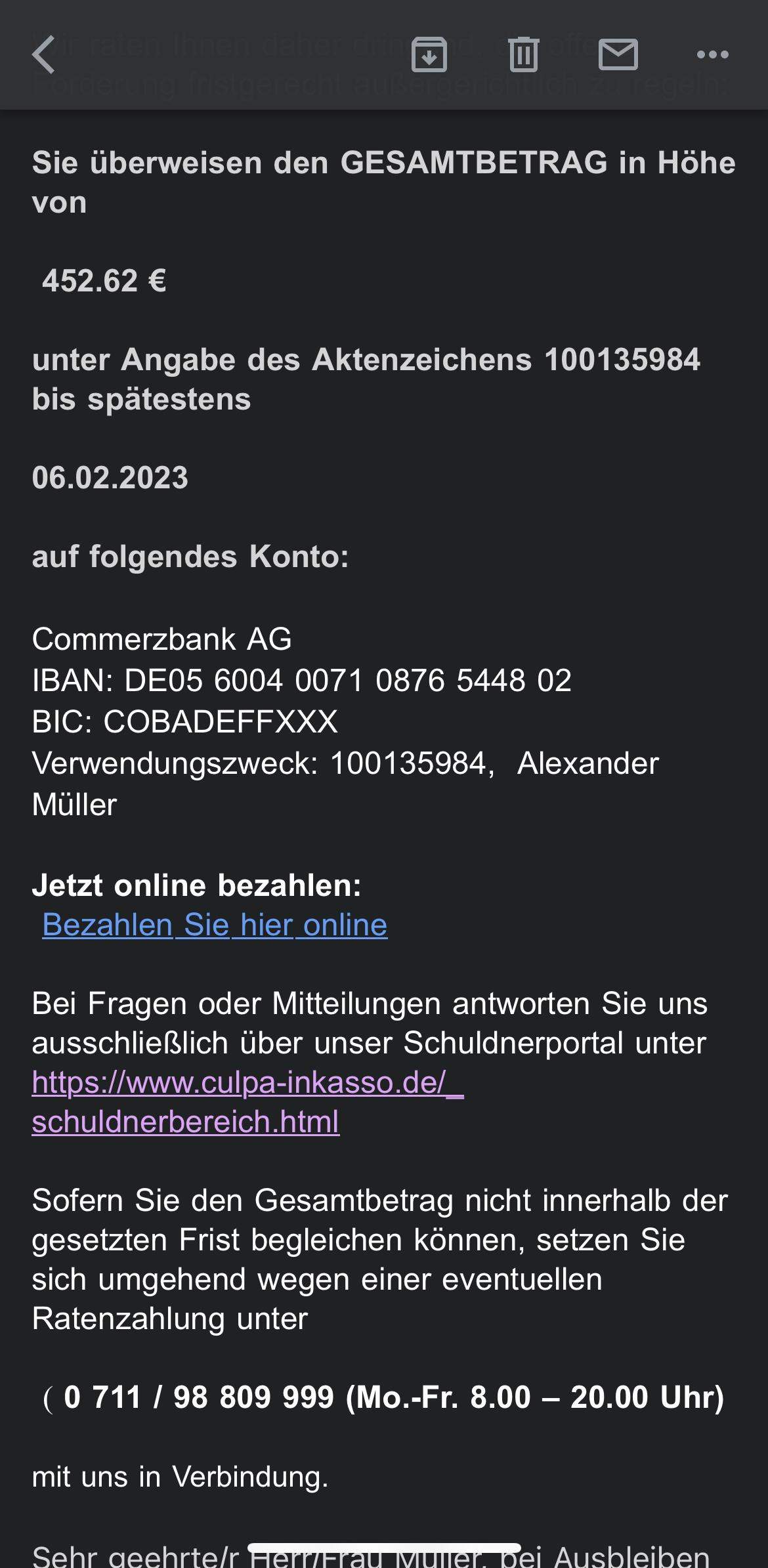Culpa Inkasso schreibt mir per E-Mail? (Spam, Aufforderung)
